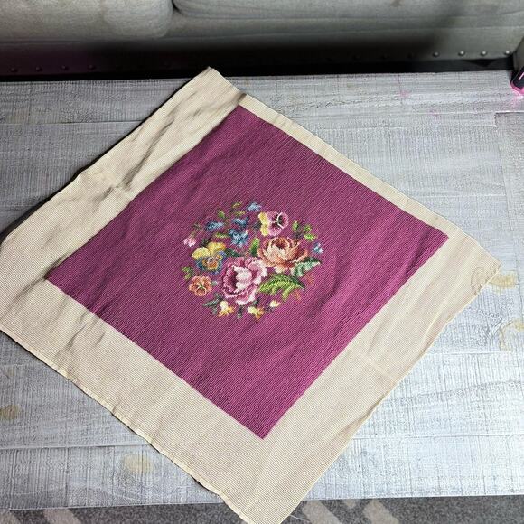 Vtg Completed Needlepoint Petit Point Floral Victorian Burgundy Diamond 18X18.5” - Picture 3 of 5